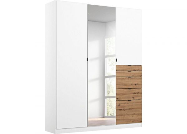 Ontario Mirrored Wardrobe by Rauch - 3-Door w/ 5-Drawers - Alpine White w/ Artisan Oak