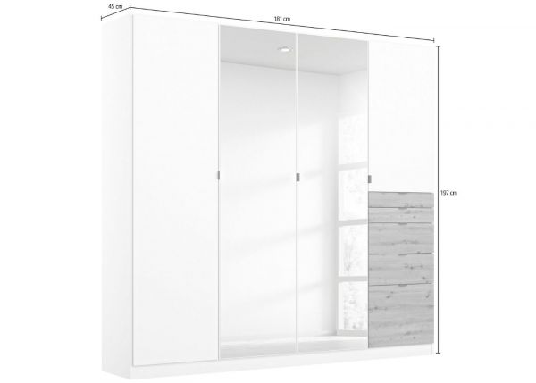 Ontario Mirrored Wardrobe by Rauch - 4-Door w/ 5-Drawers - Alpine White w/ Artisan Oak