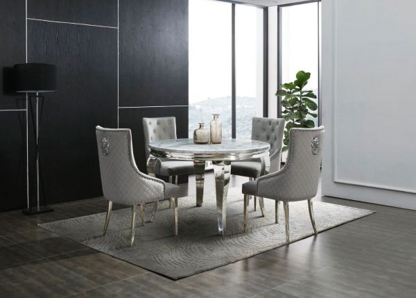 Florence 1.2m Grey Round Dining Table + 4 Light Grey Lion Head Chairs by Honey B