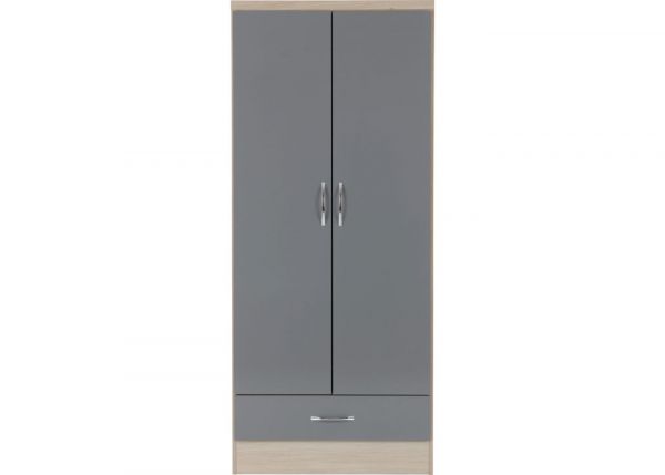 Nevada Grey Gloss and Light Oak Effect 2-Door 1-Drawer Wardrobe by Wholesale Beds & Furniture