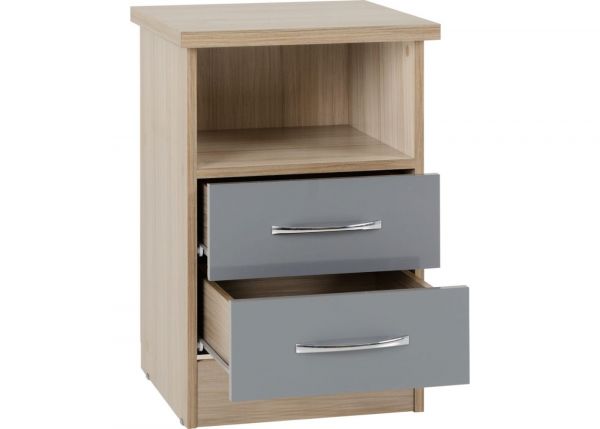 Nevada Grey Gloss and Light Oak Effect 2-Drawer Bedside by Wholesale Beds & Furniture