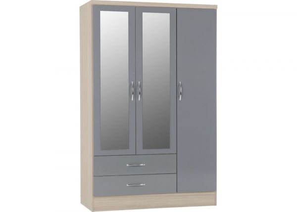 Nevada Grey Gloss and Light Oak Effect 3-Door 2-Drawer Mirrored Wardrobe by Wholesale Beds & Furniture
