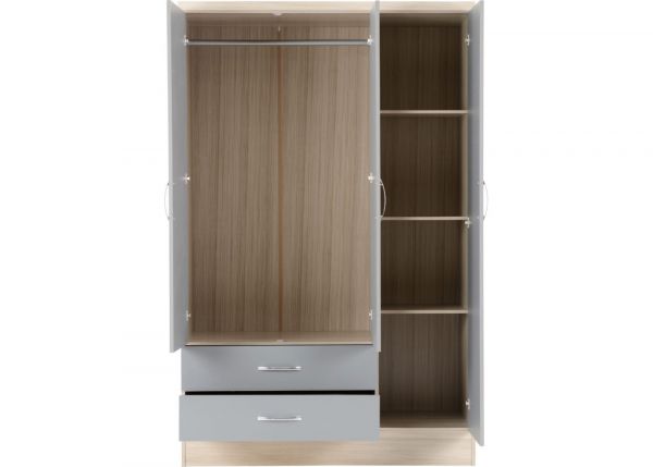 Nevada Grey Gloss and Light Oak Effect 3-Door 2-Drawer Mirrored Wardrobe by Wholesale Beds & Furniture
