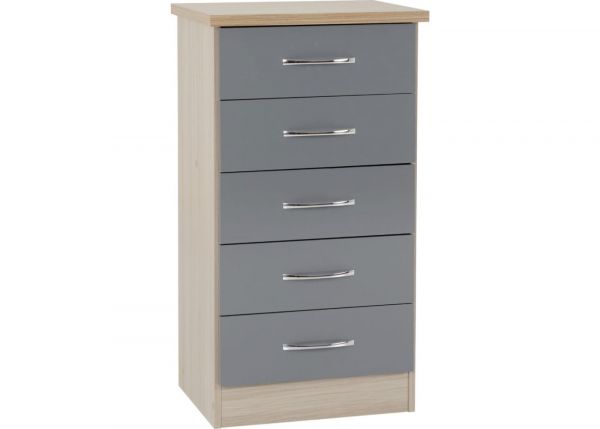 Nevada Grey Gloss and Light Oak Effect 5-Drawer Narrow Chest by Wholesale Beds & Furniture