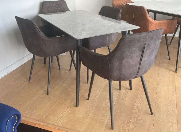 Isso Rebecca Grey 1.3m Dining Table + 4 Dark Grey Primo Chairs Angle
