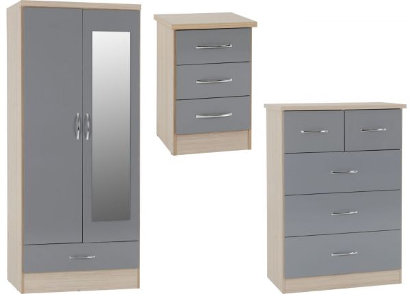 Nevada Grey Gloss and Light Oak Effect Bedroom Furniture Set by Wholesale Beds & Furniture