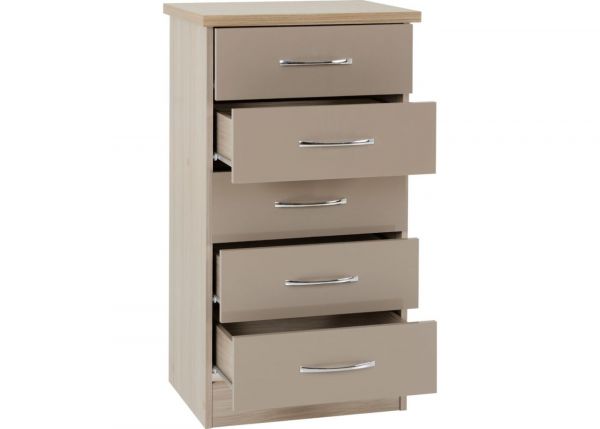 Nevada Oyster Gloss and Light Oak Effect 5-Drawer Narrow Chest by Wholesale Beds & Furniture