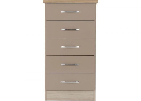 Nevada Oyster Gloss and Light Oak Effect 5-Drawer Narrow Chest by Wholesale Beds & Furniture