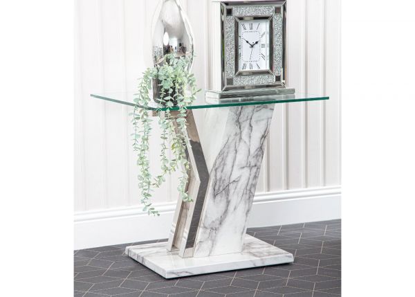 Lusso White Marble-Effect End Table by CIMC Room Angle
